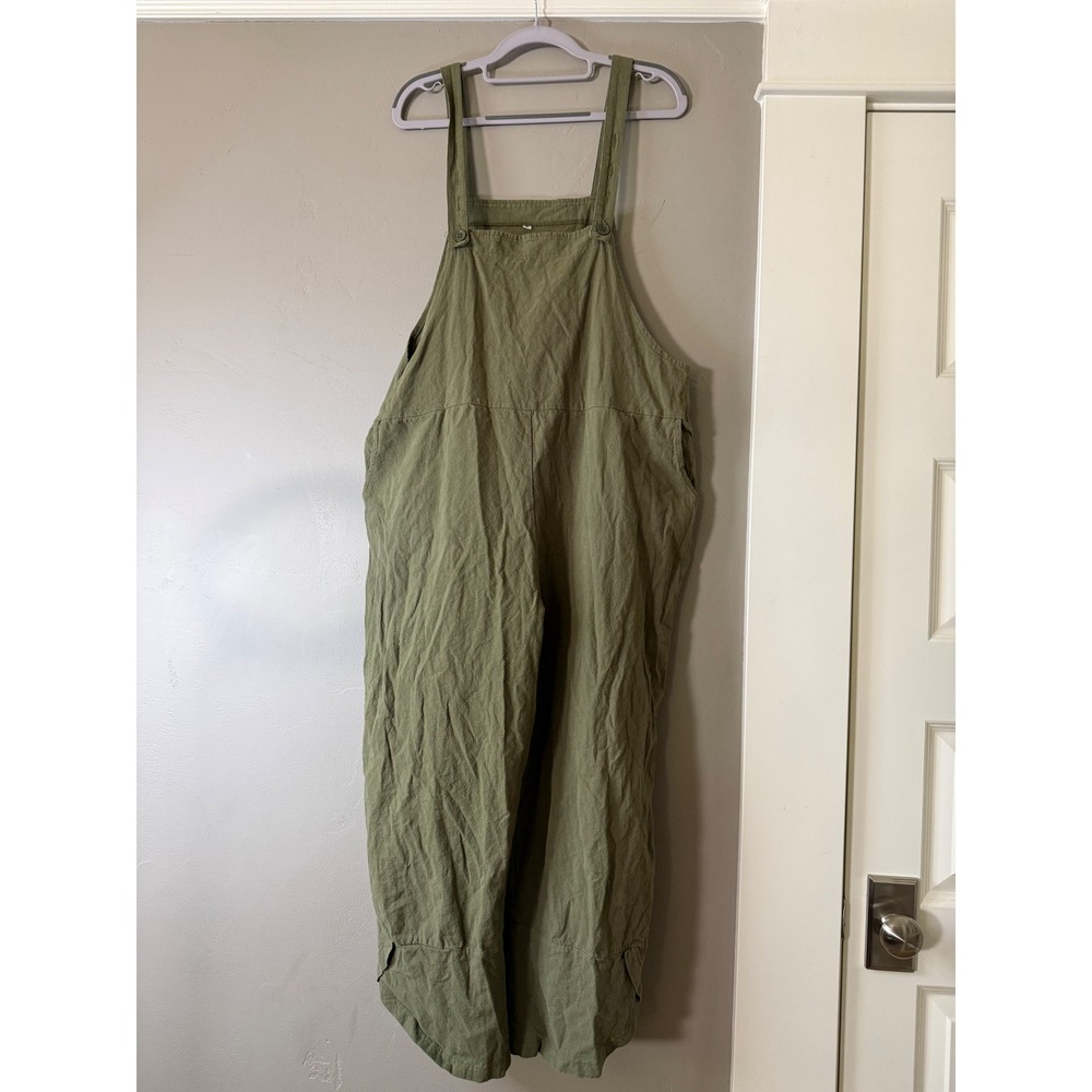 Olive Green Wide Leg Overalls Women XL Relaxed Boho Linen Blend Dungarees